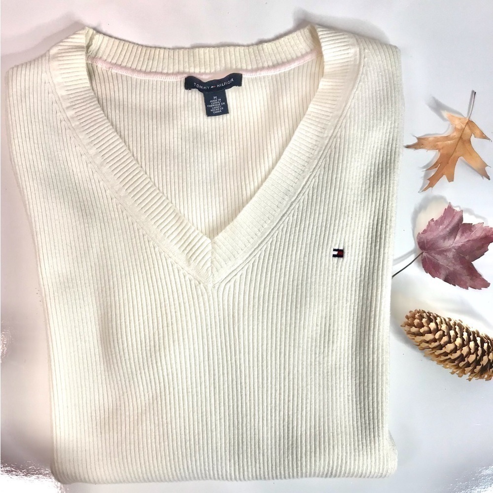 Y2K TOMMY HILFIGER Cream Ribbed Knit Preppy   V-Neck Long Sleeve Top Size Medium - Picture 2 of 13